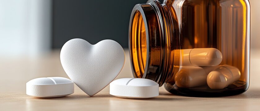 A heart-shaped tablet beside a bottle of capsules, symbolizing health and wellness.