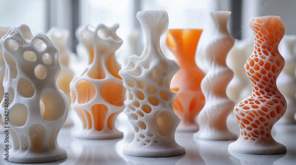 Aufkleber abstract 3d-printed vases in various shapes and colors displayed on a bright surface
