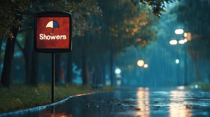 Rainy Night Scene with Shower Sign
