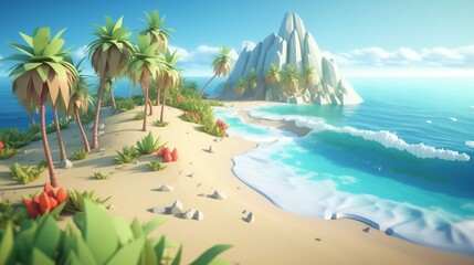 Naklejka premium 3D isometric tropical beach, stunning view of the ocean, white sandy shore, and palm trees under a sunny sky