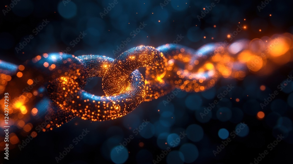 Poster abstract depiction of glowing chain links illuminated by vibrant particles in a dark background
