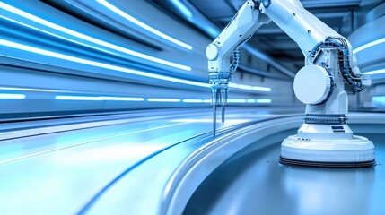 White Robotic Arm in a Futuristic Blue Factory