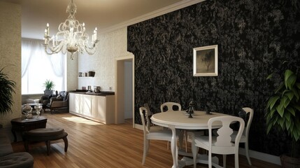 Fototapeta premium Elegant dining room design showcases classic furniture and modern black wallpaper. Interior decor with chandelier, table, chairs and plants adds a luxurious touch to this living space.
