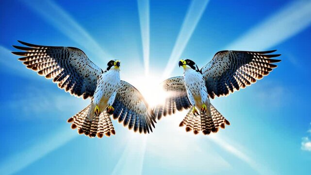 Powerful falcons flying with wingspan fully stretched, soaring gracefully against bright blue sky, demonstrating predatory prowess and aerial mastery