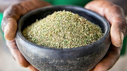 A person holding a bowl filled with finely ground herbs or spices.