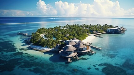 Aerial View of Serene Tropical Island Surrounded by Crystal Clear Sea with Tourists Enjoying Luxury Beach Resort Experience