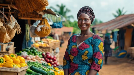 A woman examines fresh produce in a bustling market, showcasing an assortment of vegetables and fruits