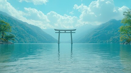 Serene torii gate lake mountainscape, peaceful Asian travel poster