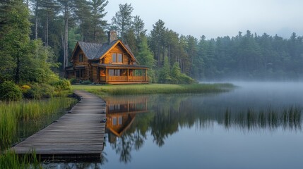 Fototapeta premium Misty morning lake house dock; serene forest view