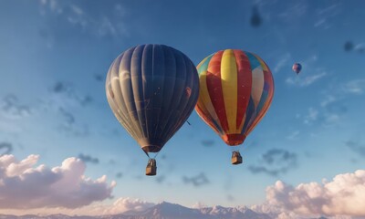 Fototapeta premium Vibrant hot air balloon floating in the clear blue sky , sunny day, bright colors, beautiful clouds