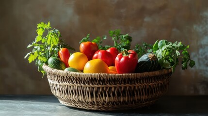 A basket filled with an array of fresh vegetables, including carrots, peppers, and tomatoes, representing a wholesome selection