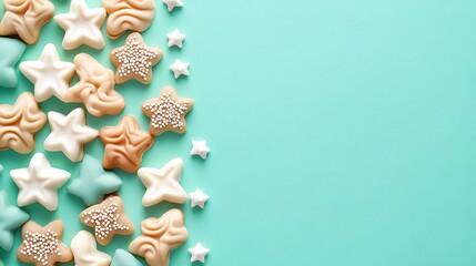 Naklejka premium Star cookies, teal background, copy space