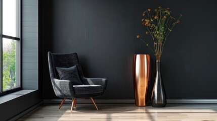 Minimalist Black Interior Living Room with Dark Grey Armchair and Copper Floor Vase