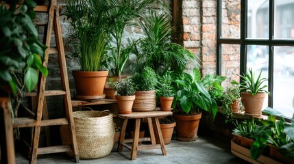 A cozy indoor space filled with various potted plants and natural decor elements.