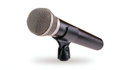 Black Wireless Microphone with Silver Mesh Head on Stand Against White Background