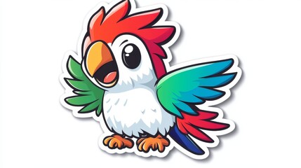 Obraz premium Cheerful cartoon parrot sticker design, vibrant colors, white background, for kids' products