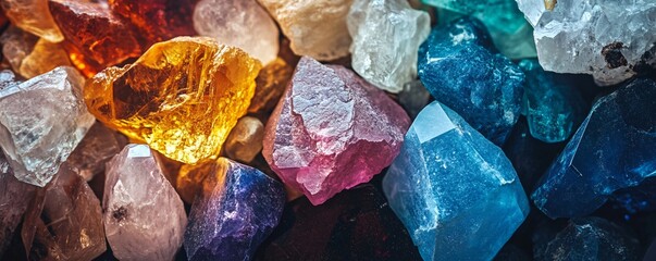 Colorful semiprecious gemstones sparkling on black background