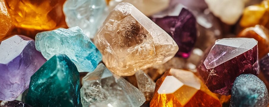 Colorful raw crystals sparkling and forming a textured background