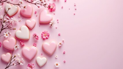 Fototapeta premium Pink Heart Cookies and Flowers for Happy Valentine's Day background, pink rose petals background