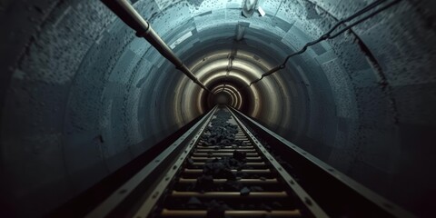Underground mining conveyor belt transporting ore materials in dimly lit tunnel, equipment, mining