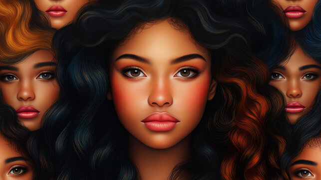 A vibrant and colorful illustration of five women with diverse hairstyles, skin tones, and glasses, all smiling brightly. Each woman is dressed in a different colored top, set against a warm yellow ba