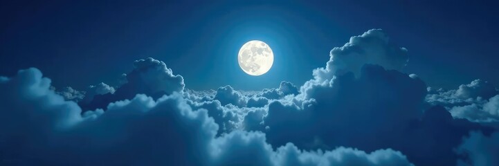 Obraz premium The moon shines brightly behind a veil of puffy white clouds, night, landscape, natural