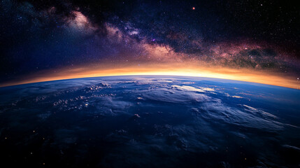 Breathtaking outer space view of Earth�s horizon, showcasing a glowing sunrise over the planet�s curvature, surrounded by deep cosmic blues and interstellar wonders