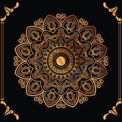 Naklejka premium Luxury mandala design black background in gold color 