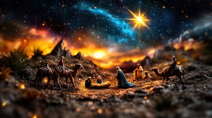 Magical Nativity: Holy Family, Shepherds, and Camels under Starry Night Sky with Bethlehem's Star