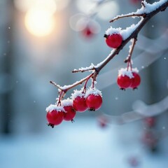 Red berries cling to frosty twigs in a snowy forest, twig, berries, branch