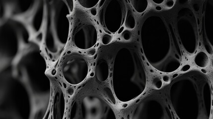 Close-up of abstract bone structure with intricate details, featuring digital molecular patterns and futuristic design elements in a scientific and medical concept



