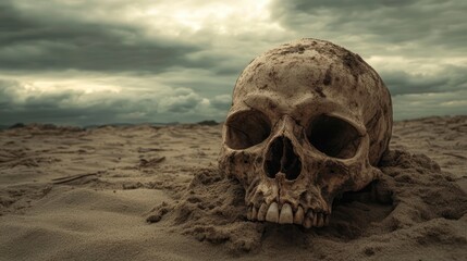 Desolate Skull in a Sandy Wasteland Under a Stormy Sky