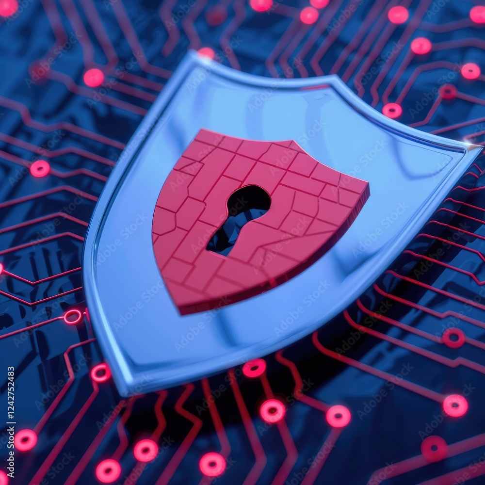 Poster digital shield icon with keyhole on circuit board background