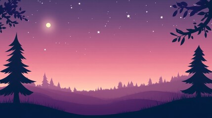 Naklejka premium Serene Nighttime Forest Landscape with Silhouette Trees and Purple Hues