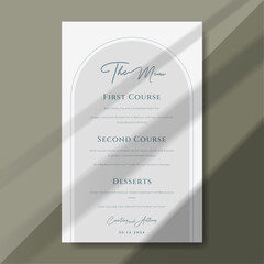 Elegant wedding menu template with a modern and minimalist design. Perfect for formal receptions, it presents the dinner menu beautifully with refined typography.