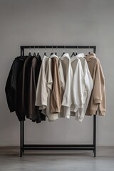 Minimalist clothing rack displaying hoodies for sale
