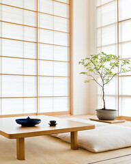 serene Japanese inspired meditation room with floor cushion and bonsai tree