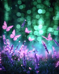 Ethereal Scene with Purple Flowers and Pink Butterflies in Motion