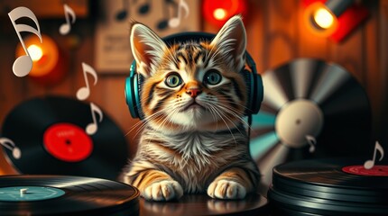 Charming Cat DJ with Headphones and Vinyl Records in Colorful Music-Themed Illustration
