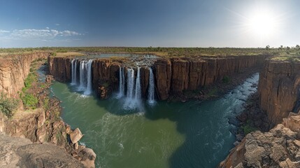 Majestic waterfall cascading into a river, savanna backdrop, sunny day, nature photography