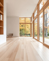 Obraz premium Minimalist interior with large windows showcasing autumn foliage