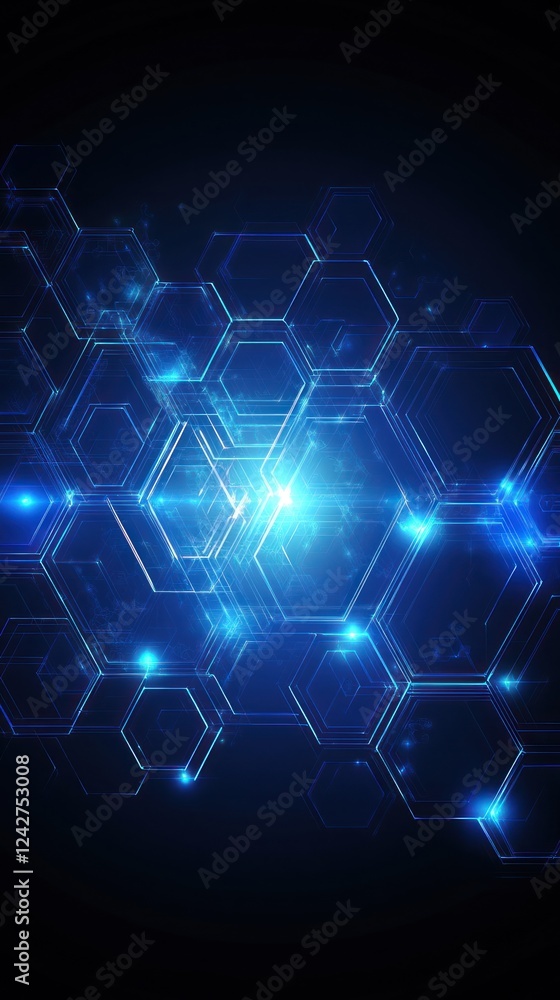 Poster blue abstract technology background with glowing hexagons pattern for science or tech concepts