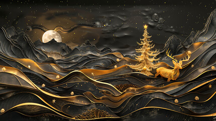 3d modern art mural wallpaper night landscape, white clouds with dark background. Golden Christmas tree, mountain, golden deer, light moon, golden and black waves. for wall decoration