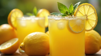 Fototapeta premium The image depicts a refreshing glass of lemonade accompanied by vibrant lemons.
