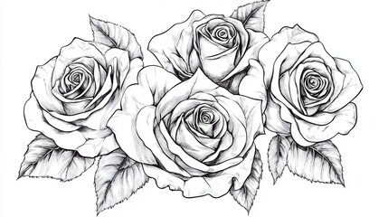 Stunning Black and White Rose Bouquet Illustration - Detailed Floral Design for Art Prints and Tattoo Inspiration