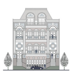 Facade of 4 storeys symmetrical modern classic house with 5 doors, 8 windows, 12 columns, balustrade, frames, decoration, stairs, crowns, garage, canopy, trapezoidal roof and its elements design.