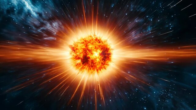 Luminous supernova explosion expanding across cosmic space, radiating intense shock waves and stellar particles through surrounding nebulas and star rich background