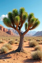 Alluaudia Montagnacil tree in dry desert landscape with thorny branches and green oval leaves, botanical, spiny branches