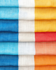 Vibrant linen fabric in stripes of blue, white, yellow, and orange hues