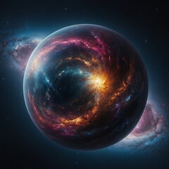 A vivid swirling galaxy, compacted into a glowing orb, floating in a white void.